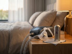 CPAP machine and mask beside an ozone-style CPAP sanitizer on a bedside table, showing mask components removed and ready for cleaning