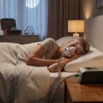 Middle-aged adult sleeping comfortably with a CPAP mask in a cozy bedroom, CPAP machine visible on bedside table