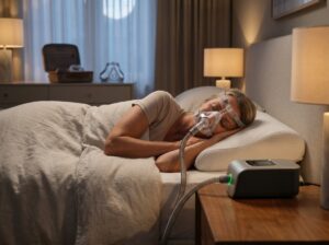 Middle-aged adult sleeping comfortably with a CPAP mask in a cozy bedroom, CPAP machine visible on bedside table