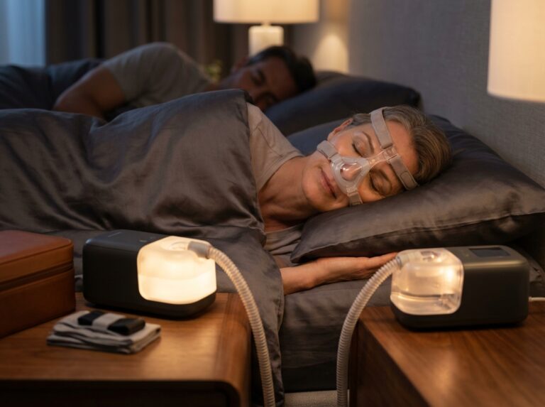 Person sleeping comfortably with a fitted nasal CPAP mask in a cozy bedroom, CPAP machine with heated tubing on the bedside table, and a travel case with accessories nearby