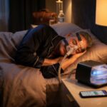 Person sleeping peacefully with a fitted CPAP mask and a modern CPAP machine on the nightstand showing sleep app data