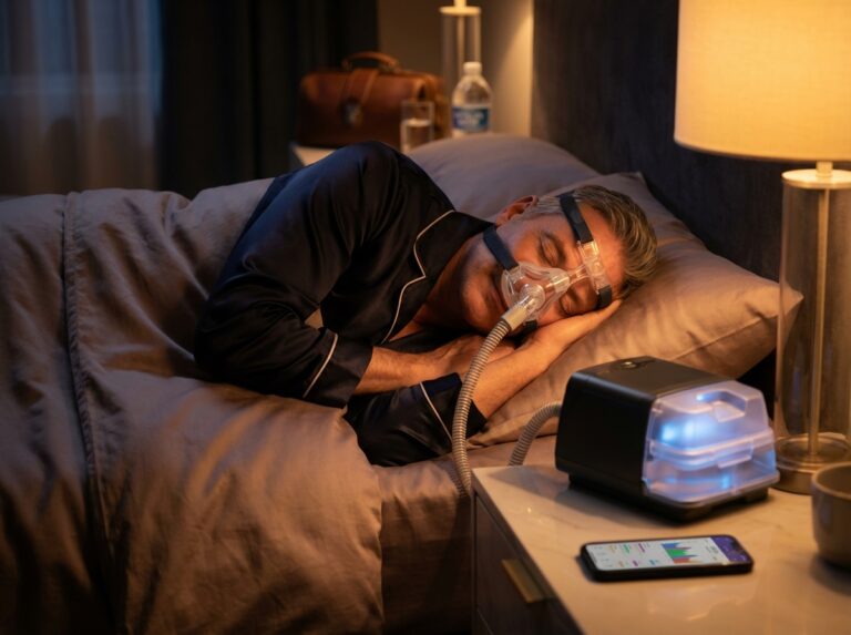 Person sleeping peacefully with a fitted CPAP mask and a modern CPAP machine on the nightstand showing sleep app data