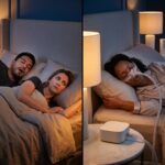 Split scene of a bedroom: left side shows a person sleeping without a mask (snoring implied) and partner awake; right side shows a person sleeping comfortably with a well fitted CPAP mask beside a CPAP machine on a nightstand.