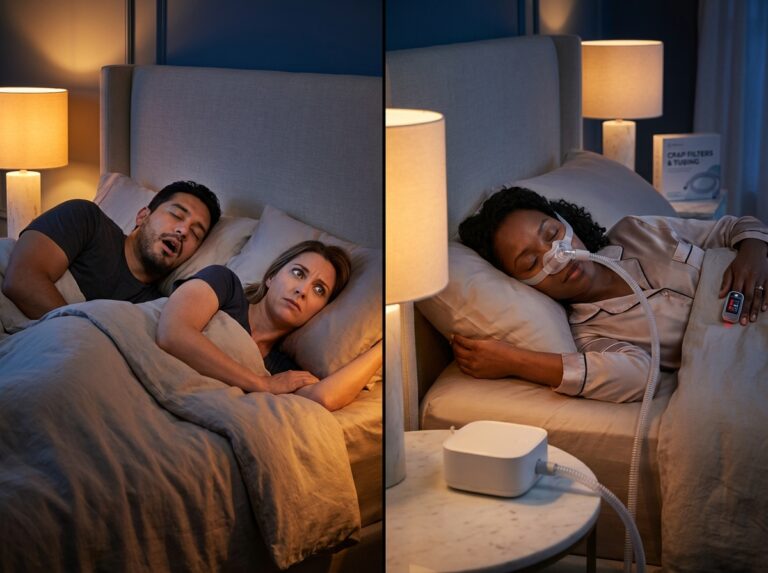 Split scene of a bedroom: left side shows a person sleeping without a mask (snoring implied) and partner awake; right side shows a person sleeping comfortably with a well fitted CPAP mask beside a CPAP machine on a nightstand.
