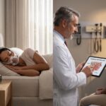 Split image: person sleeping with a CPAP mask on the left and a clinician explaining the Inspire hypoglossal nerve stimulator to a patient on the right