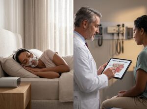 Split image: person sleeping with a CPAP mask on the left and a clinician explaining the Inspire hypoglossal nerve stimulator to a patient on the right