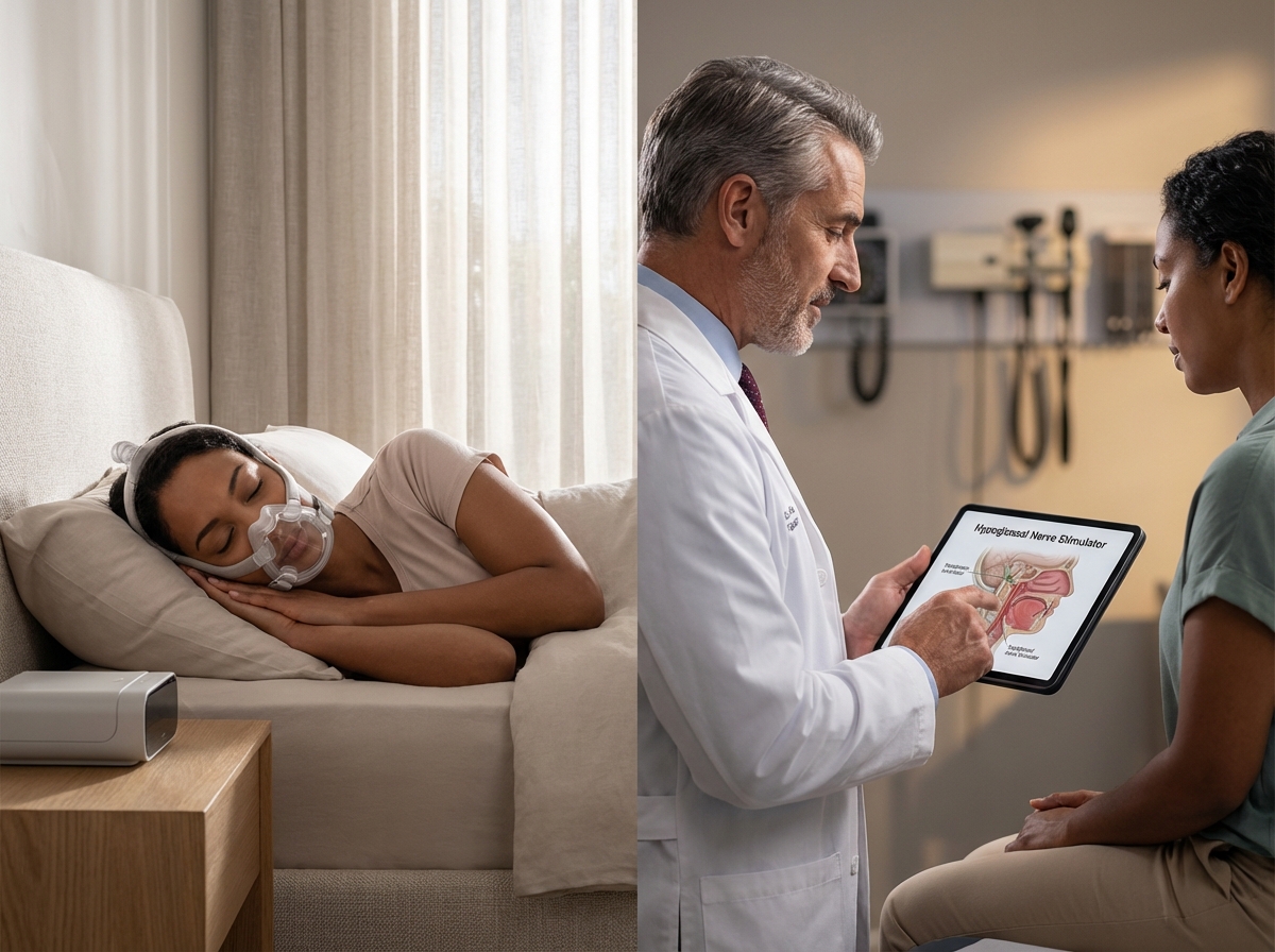 Split image: person sleeping with a CPAP mask on the left and a clinician explaining the Inspire hypoglossal nerve stimulator to a patient on the right