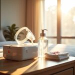 CPAP machine and mask beside a small ozone generator on a nightstand with a caution symbol, soap and cloth nearby