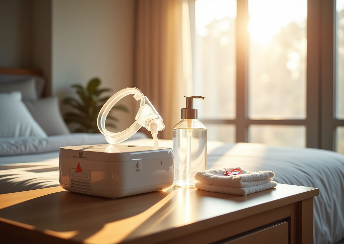 CPAP machine and mask beside a small ozone generator on a nightstand with a caution symbol, soap and cloth nearby