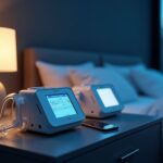 Two CPAP machines AirSense 10 and AirSense 11 side by side on a bedroom nightstand with a CPAP mask and smartphone showing therapy app