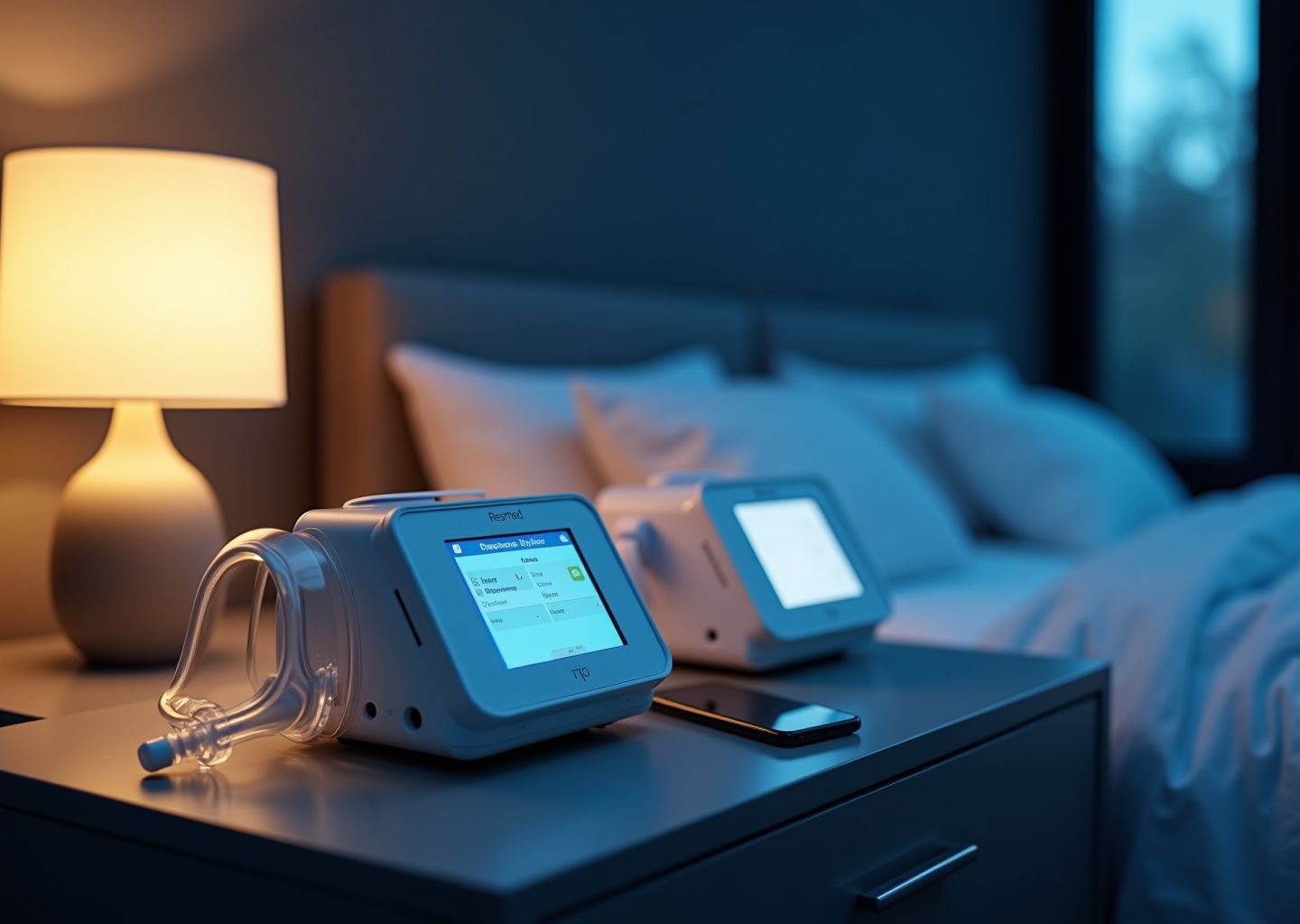 Two CPAP machines AirSense 10 and AirSense 11 side by side on a bedroom nightstand with a CPAP mask and smartphone showing therapy app