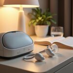 Three CPAP masks including a nasal mask, a full face mask, and nasal pillows arranged next to a CPAP machine on a bedside table