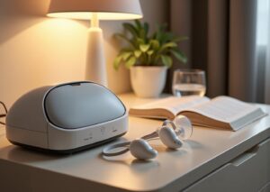 Three CPAP masks including a nasal mask, a full face mask, and nasal pillows arranged next to a CPAP machine on a bedside table