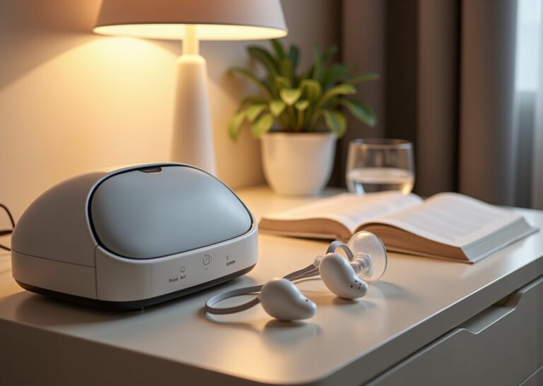 Three CPAP masks including a nasal mask, a full face mask, and nasal pillows arranged next to a CPAP machine on a bedside table
