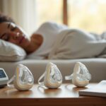 Three CPAP masks (full face, nasal, nasal pillows) on a bedside table next to a CPAP machine with a person sleeping in the blurred background