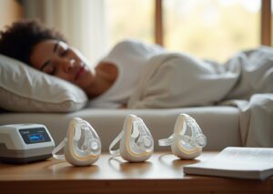 Three CPAP masks (full face, nasal, nasal pillows) on a bedside table next to a CPAP machine with a person sleeping in the blurred background