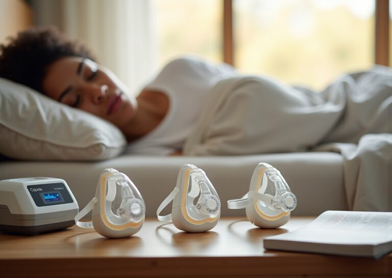 Three CPAP masks (full face, nasal, nasal pillows) on a bedside table next to a CPAP machine with a person sleeping in the blurred background
