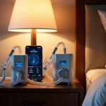 Two ResMed CPAP machines side by side on a nightstand with masks, heated tubing, open humidifier chamber and a smartphone showing sleep data