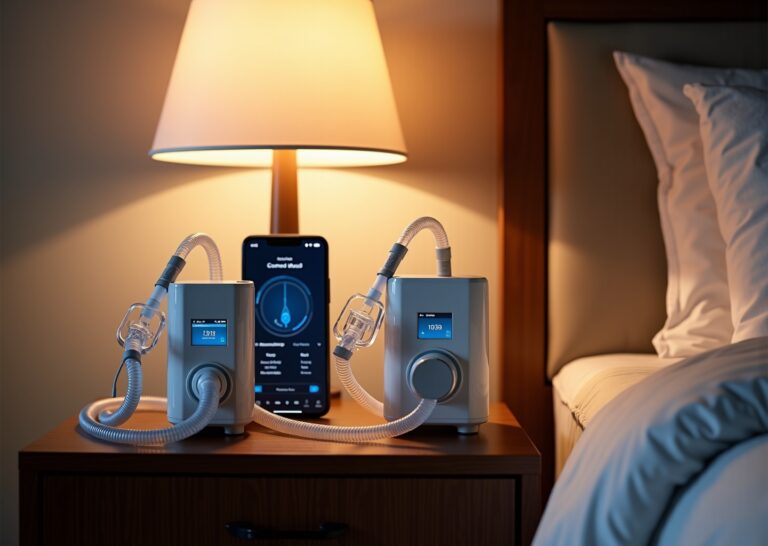 Two ResMed CPAP machines side by side on a nightstand with masks, heated tubing, open humidifier chamber and a smartphone showing sleep data