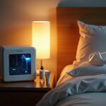 CPAP machine with heated humidifier, full-face mask, distilled water and lip balm on a bedside table