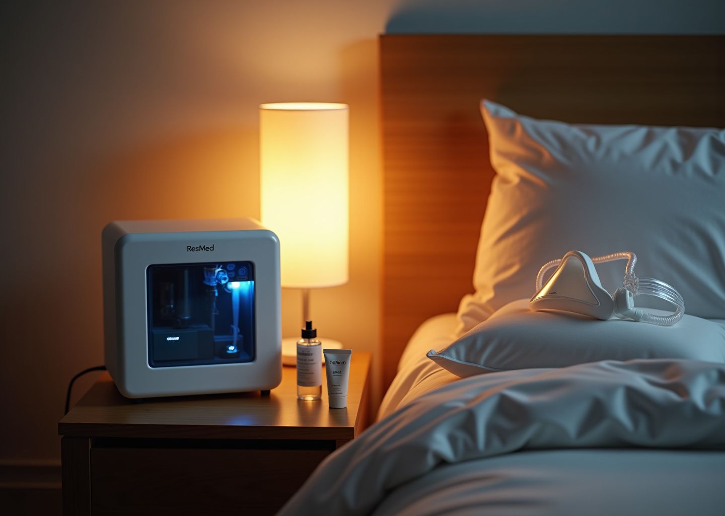 CPAP machine with heated humidifier, full-face mask, distilled water and lip balm on a bedside table