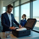 Traveler at airport security with a travel CPAP machine, mask, tubing and battery visible in a carry‑on bag; TSA agent and airplane visible in background
