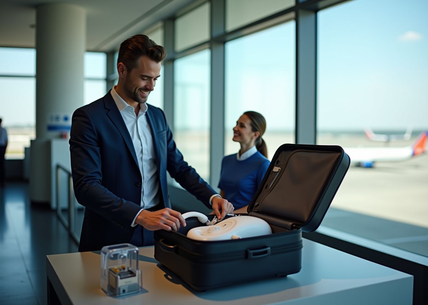 Traveler at airport security with a travel CPAP machine, mask, tubing and battery visible in a carry‑on bag; TSA agent and airplane visible in background