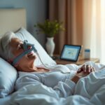 Older adult in bedroom wearing CPAP mask near modern CPAP machine on nightstand with Medicare card and smartphone showing usage data