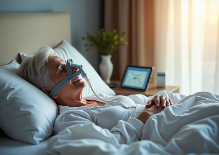 Older adult in bedroom wearing CPAP mask near modern CPAP machine on nightstand with Medicare card and smartphone showing usage data