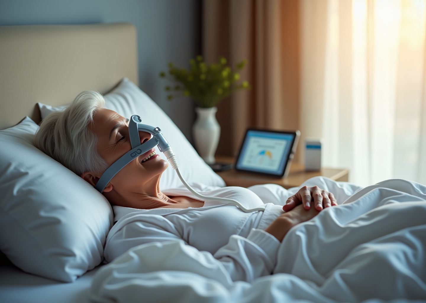 Older adult in bedroom wearing CPAP mask near modern CPAP machine on nightstand with Medicare card and smartphone showing usage data